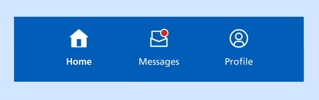 The bottom navigation menu. It contains three icons with text labels: Home, Messages and Profile.